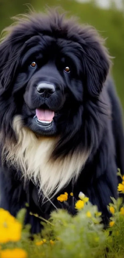 A fluffy black dog in a vibrant flower field enjoying nature.