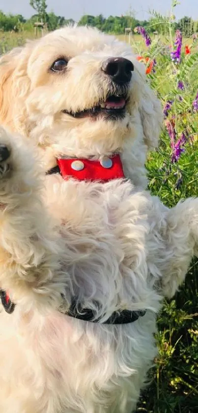 Curly-haired dog joyfully standing in a colorful flower field.