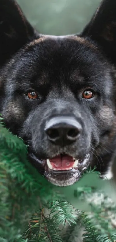 Adorable dog peeking through forest greenery.