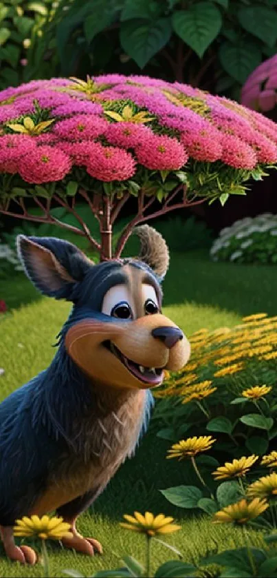 Cute animated dog surrounded by colorful flowers in a lush green garden.