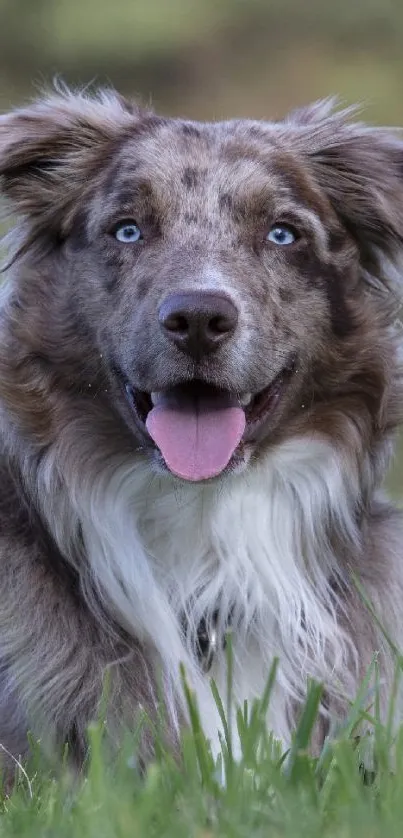 Blue-eyed dog in green grass, charming mobile wallpaper.