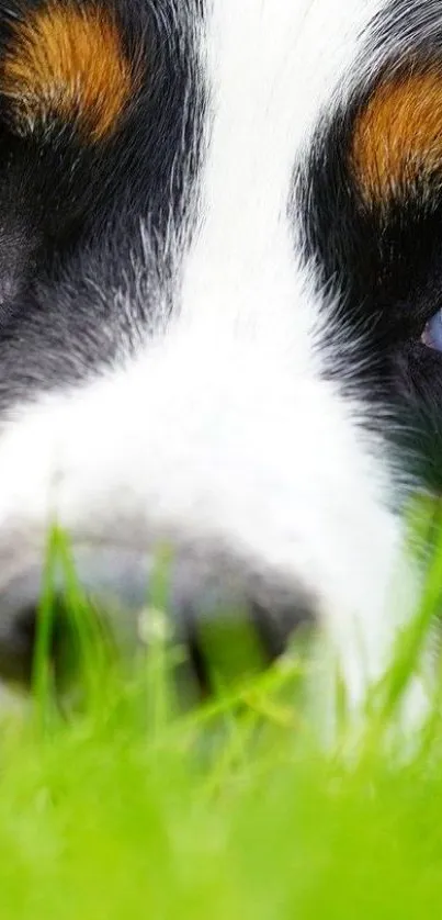 Close-up of dog's face peeking through lush green grass in mobile wallpaper.