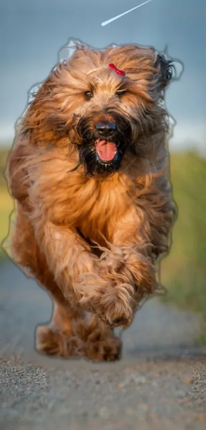 Energetic dog running on a sunlit path with a playful expression.