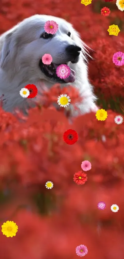 White dog amidst vibrant red flowers with playful blooms scattered around.