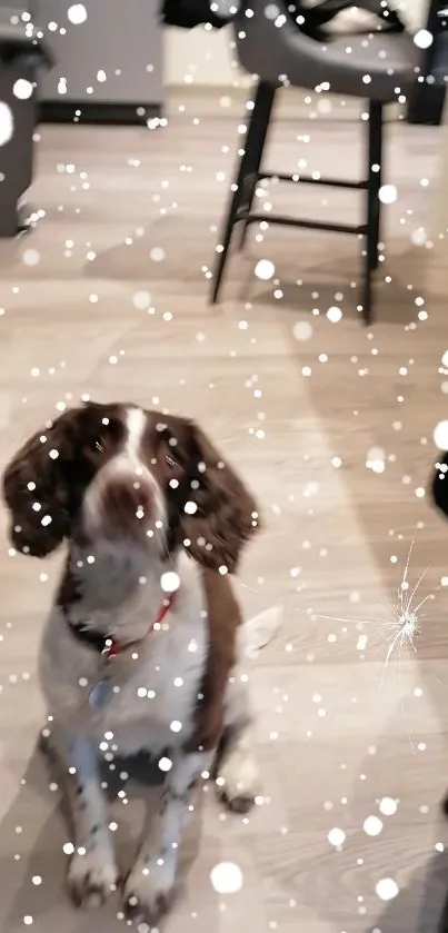 A dog sits indoors surrounded by falling snowflakes.