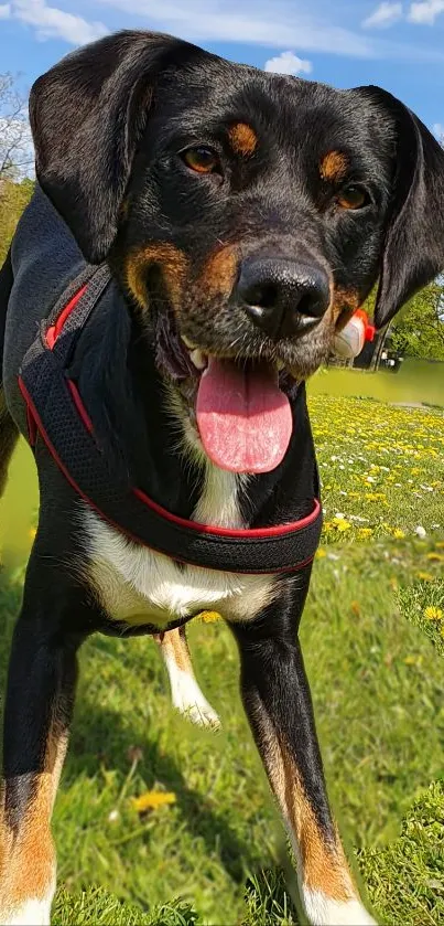 A playful dog in a sunny park with vibrant green grass.