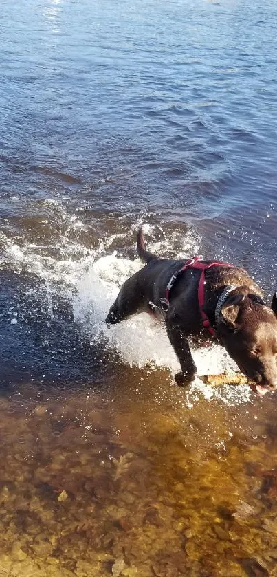 Black dog energetically splashing in clear blue water.