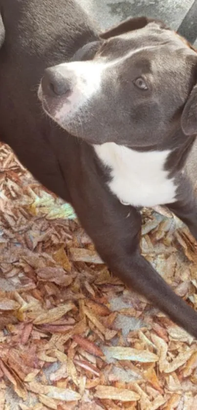 Dog laying on autumn leaves.