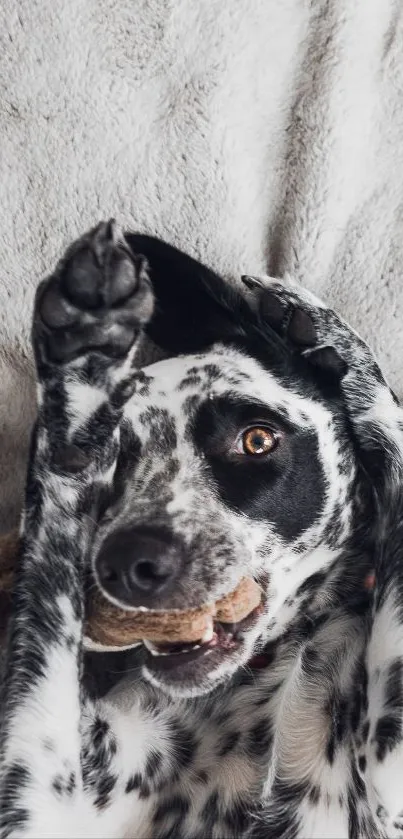 Adorable black and white dog on gray blanket, looking playful.