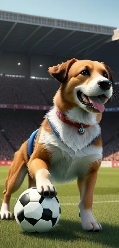 Playful dog with a soccer ball in a vibrant stadium field.