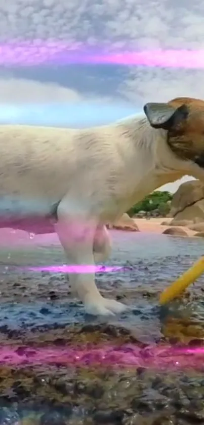 A playful dog holding a stick on a colorful, vibrant beach with blue sky.