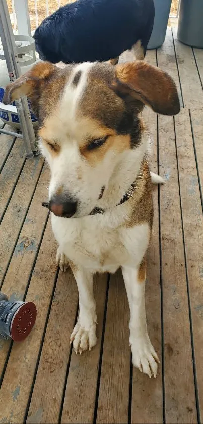 Brown and white dog sitting on a wooden deck with tools.