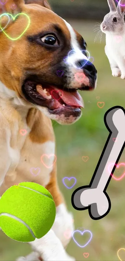 Playful dog and rabbit wallpaper with tennis ball and hearts.