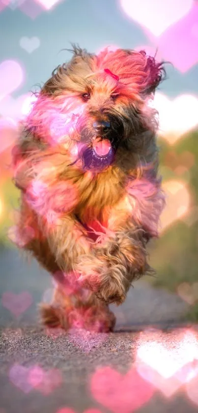 A joyful dog running on a sunlit path surrounded by nature.