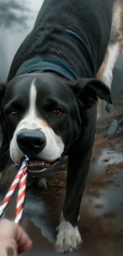 Dog plays tug-of-war in misty forest trail, dynamic mobile wallpaper.