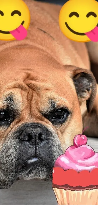 Playful bulldog with emojis and cupcake, fun mobile wallpaper.