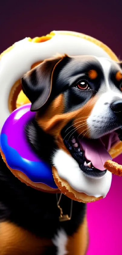 Playful dog with a colorful donut collar on a gradient background.