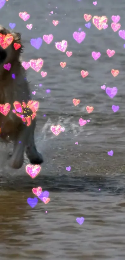 Dog joyfully running with colorful heart effects at the beach.