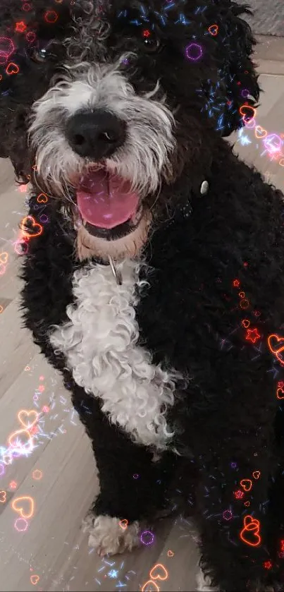 Black and white dog surrounded by neon hearts on wood floor.