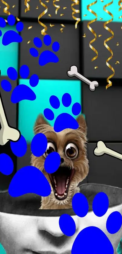 Playful dog with blue paw prints and bones on a teal background.