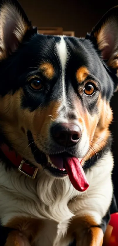 Playful tricolor dog with red ball foreground.