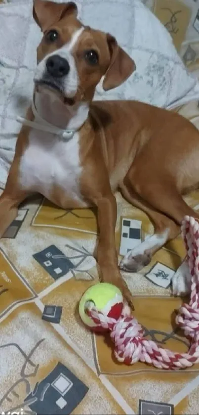 Brown dog with toy rope and ball on bedspread.