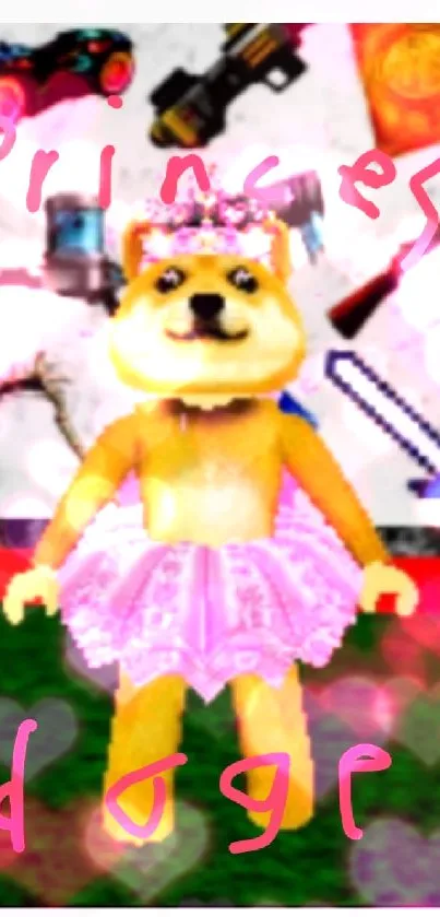 Whimsical Doge in a pink tutu with colorful items background.