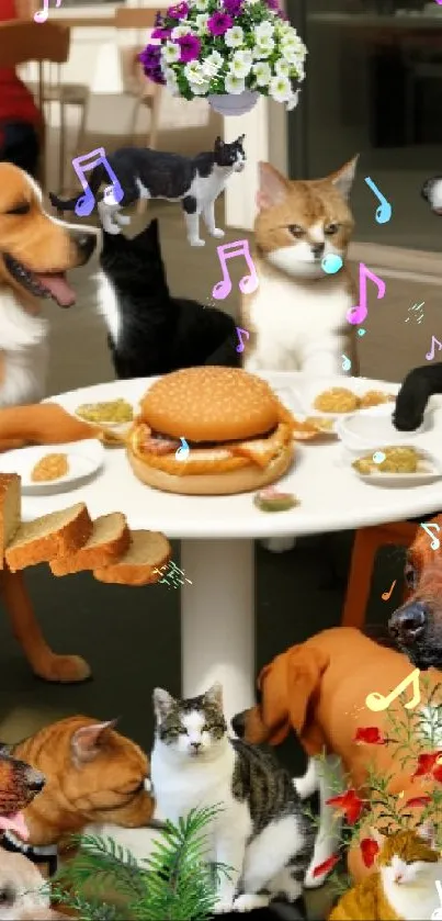 Dogs and cats gathered around a table with burger.