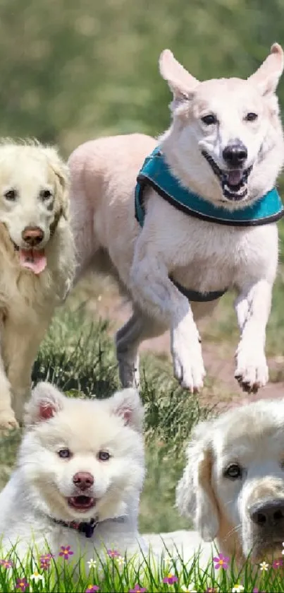 Three playful dogs running on a scenic grassy path.