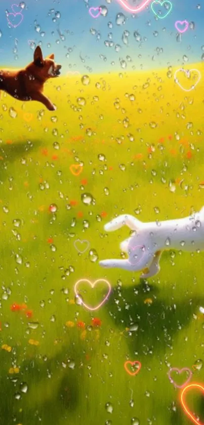 Playful dogs in a rainy, heart-adorned meadow wallpaper.