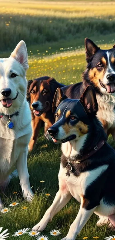 Four dogs joyfully sitting in a sunny green field with daisies.