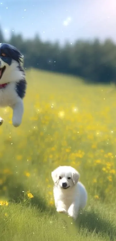 Playful dogs in a sunny meadow with yellow flowers.