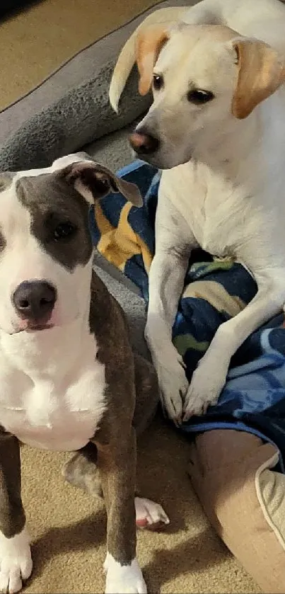 Two playful dogs relax on a cozy pet bed at home.