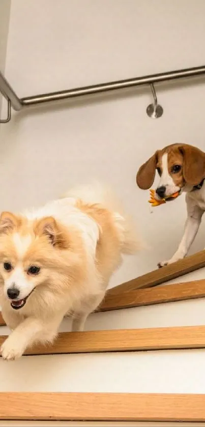 Two dogs playfully descending staircase in cozy home setting.