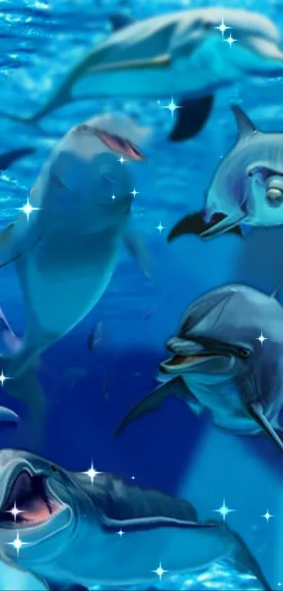 Dolphins swimming underwater with sparkles.