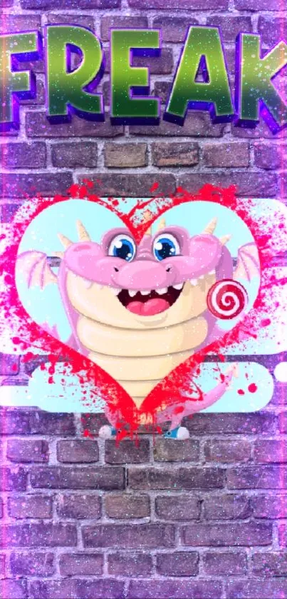 Playful dragon with heart design on a vibrant brick wall background.