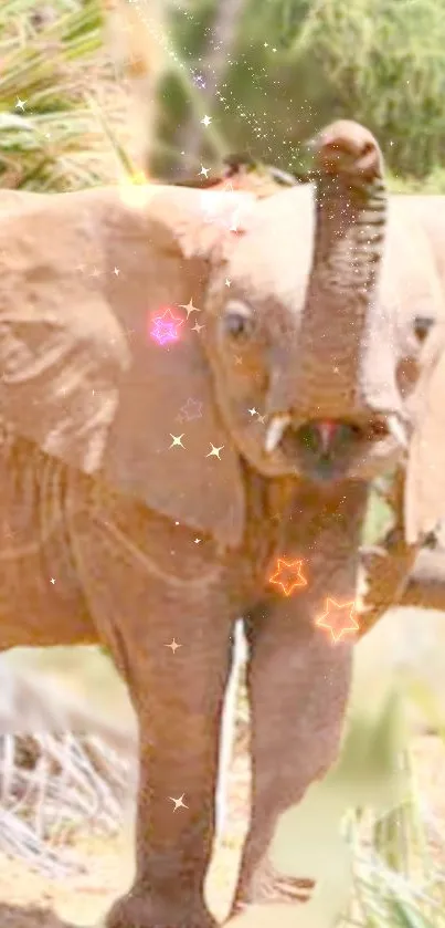 Adorable baby elephant with shimmering stars in nature background.