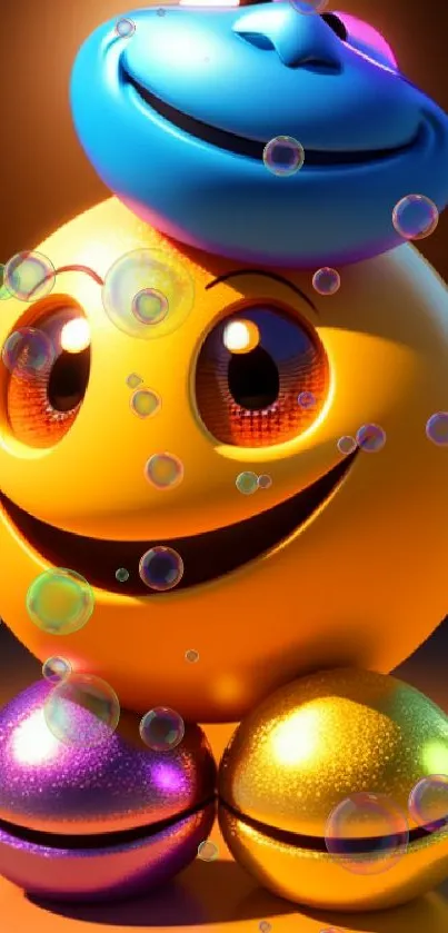 Whimsical 3D emoji character with colorful spheres for mobile wallpaper.