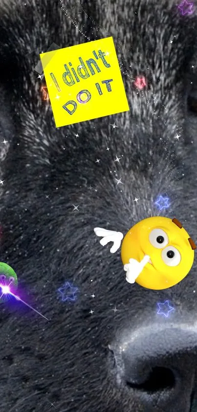 Cute dog with playful emojis and stars on wallpaper background.