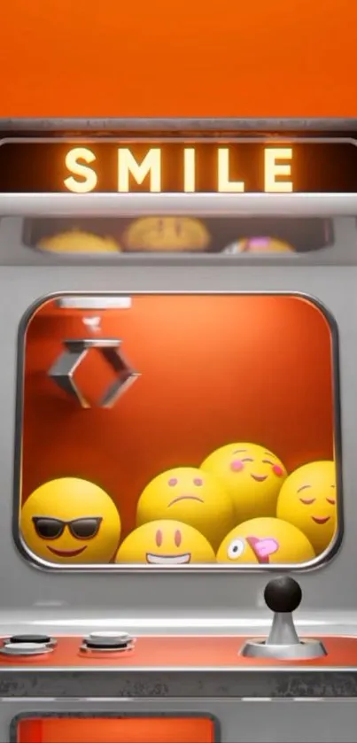 Claw machine with playful, smiling emojis on orange background.