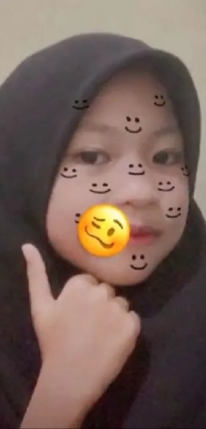 Playful face filter with smiley emojis on a child's face.