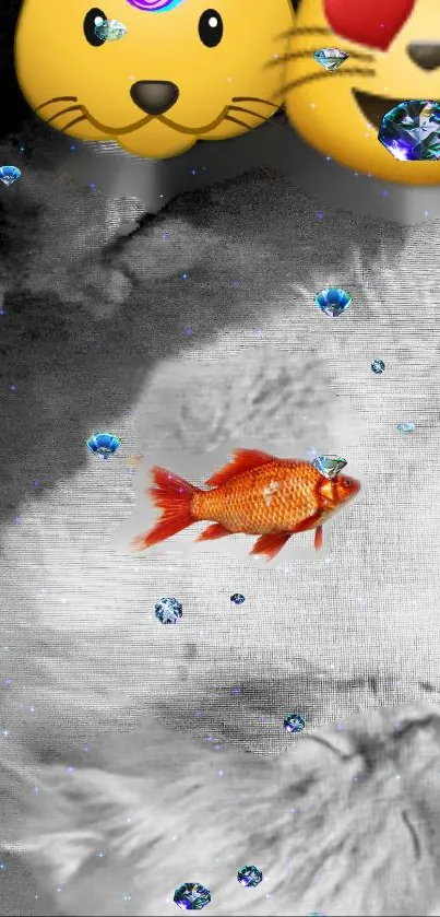 Mobile wallpaper with emojis, gems, and an orange fish on a gray background.