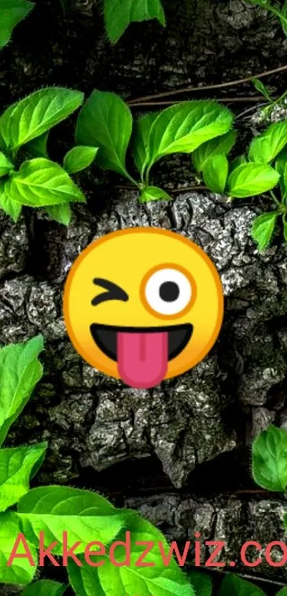 Playful emoji with green leaves on tree bark wallpaper.