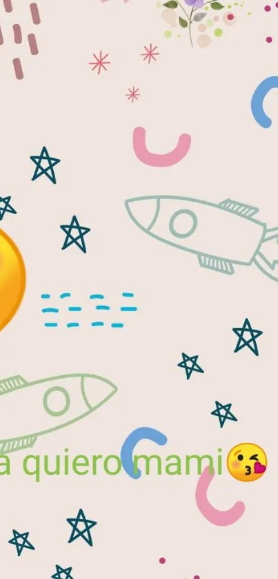 Fun playful wallpaper with emojis and rocket doodles.