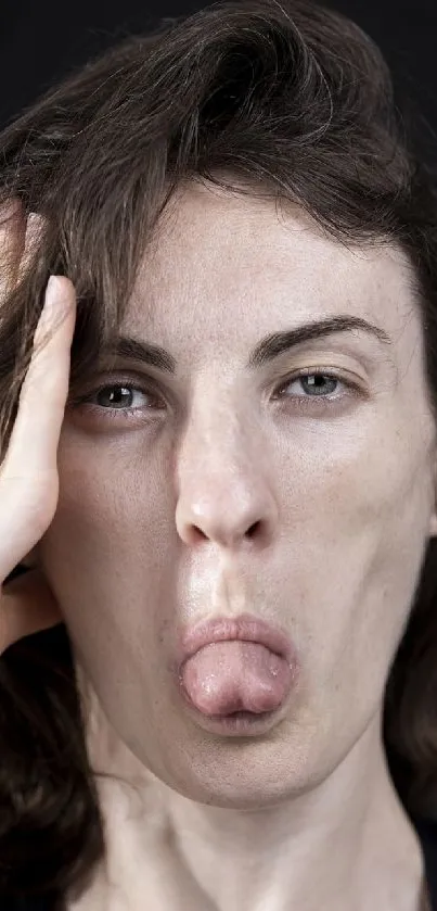 Woman making a funny face against a black background mobile wallpaper.