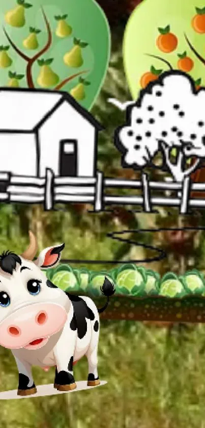 Whimsical farm scene with cartoon animals and trees on a mobile wallpaper.