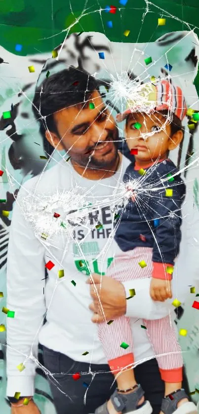 Father and child with vibrant green abstract background.