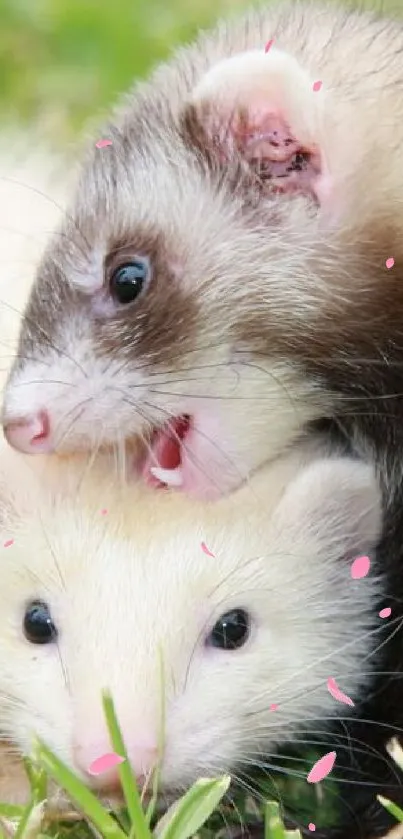 Two playful ferrets snuggled on vibrant green grass.