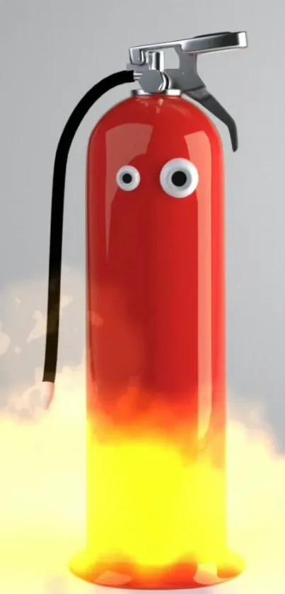 Playful red fire extinguisher with eyes on a humorous background.