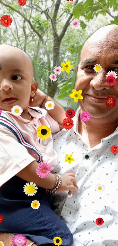 A joyful family portrait with colorful flowers surrounding the subjects.